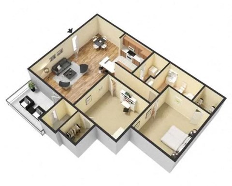the bedroom is open to the living room in this floor plan